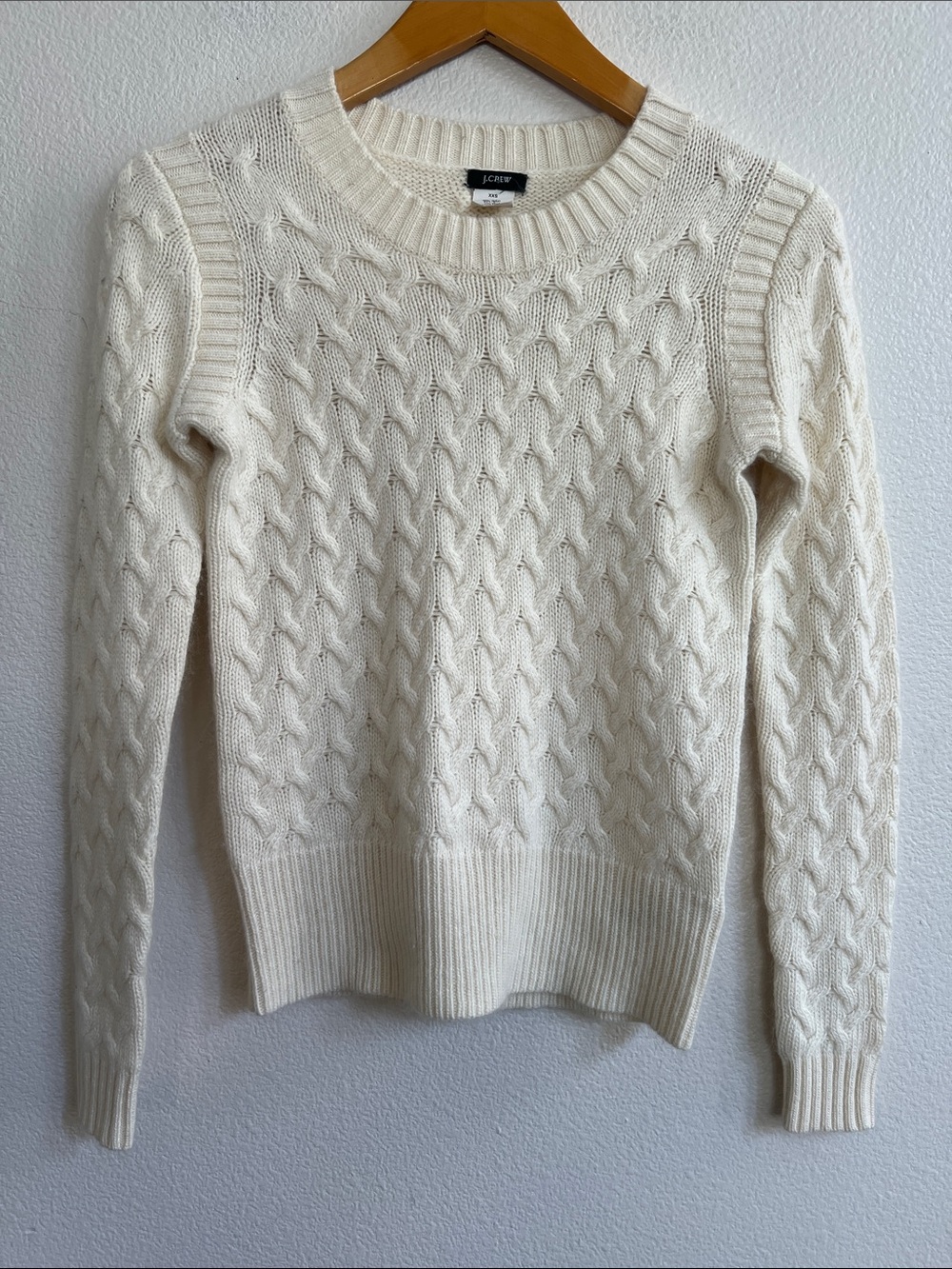 J. CREW Honeycomb Cable-Knit Crew Sweater Wool/Angora Blend Ivory Cream XXS